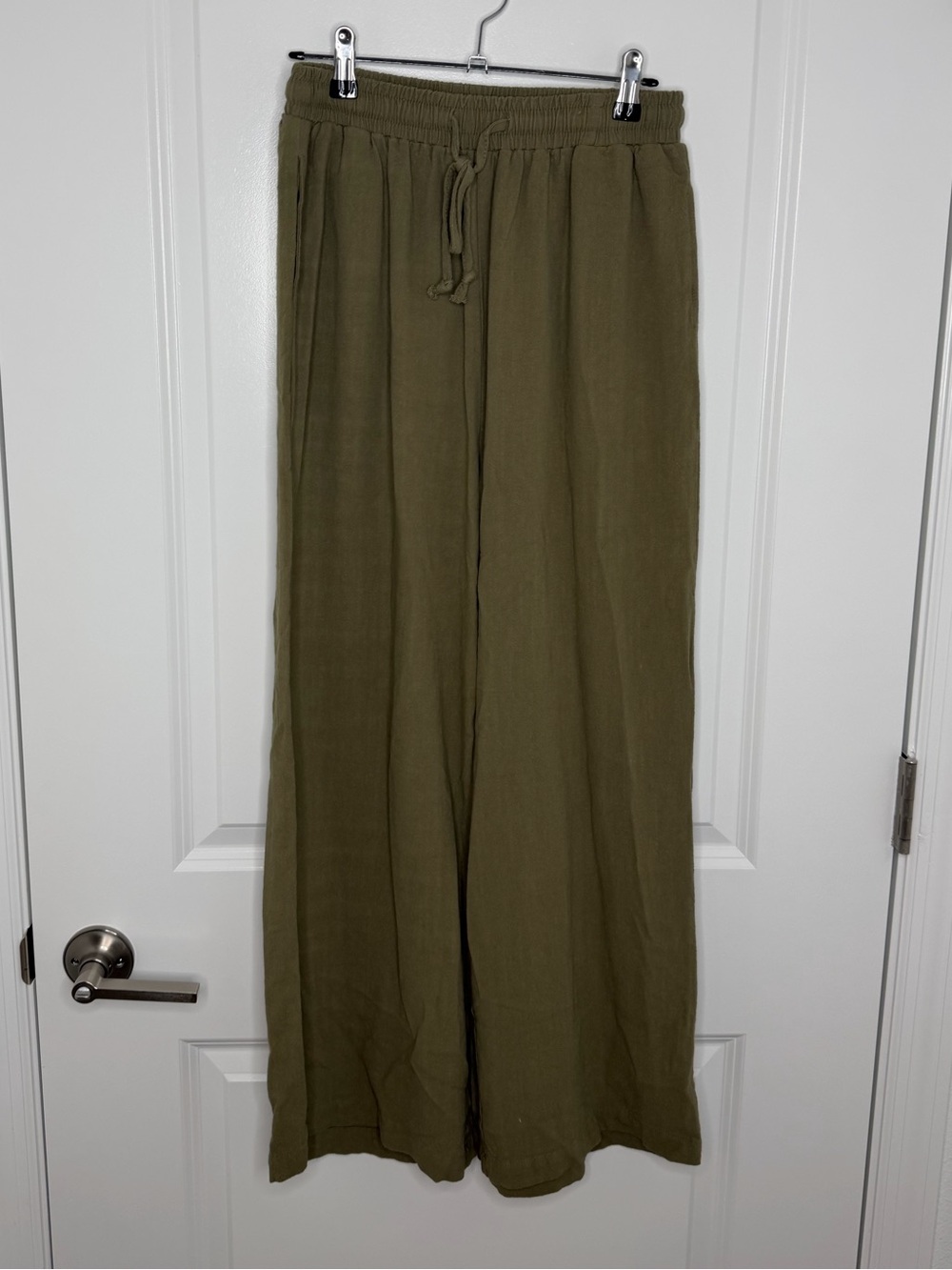 Olive Green Linen Blend Wide Leg Drawstring Pants Size M